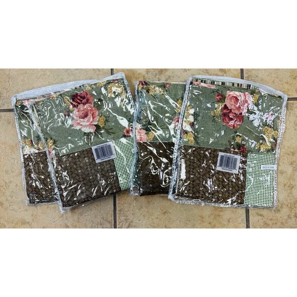 Set (4) Patchwork Valance Curtain 18"x60" Sage Green Floral Rose Tan Brown NEW - Picture 5 of 5